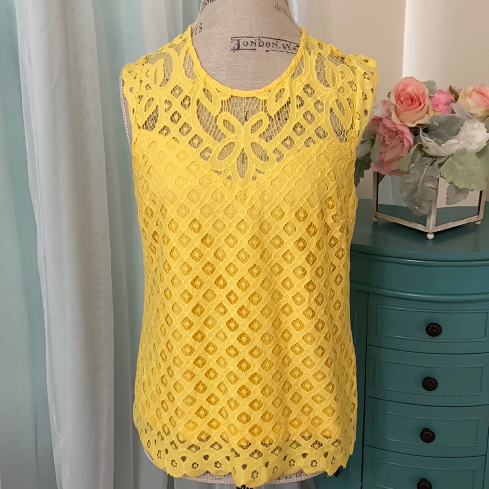 Laundry by Shelli Segal LA Yellow Lace Crochet Allover Sleeveless Top M